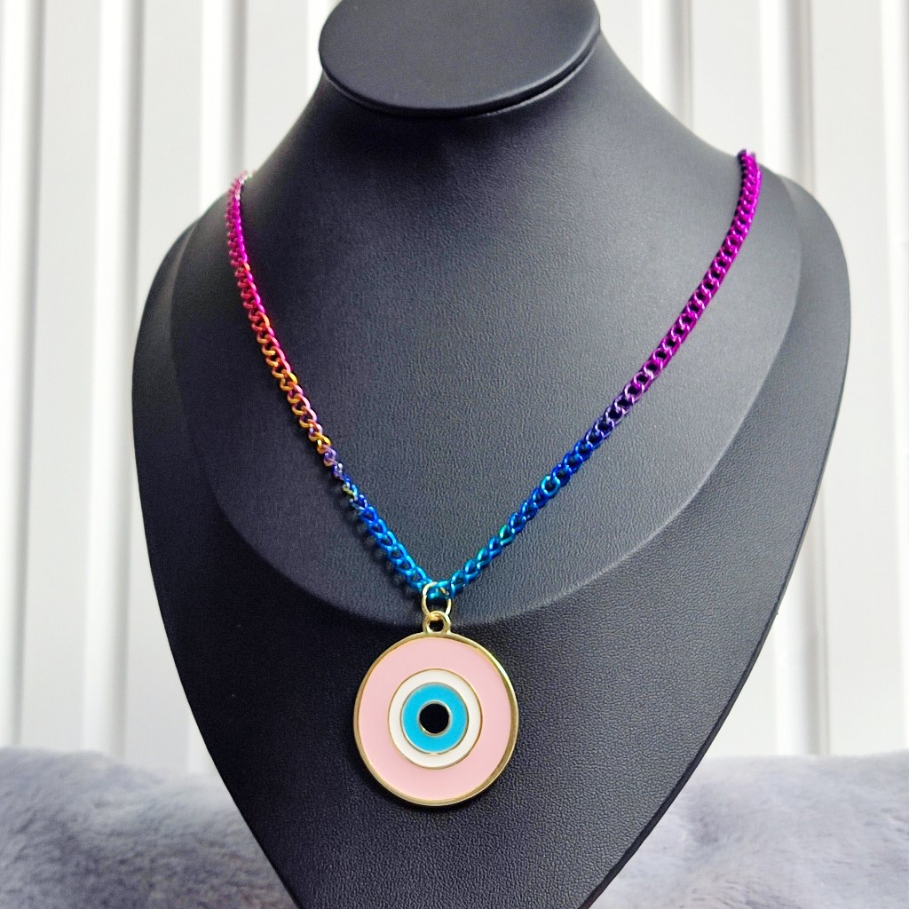 Corrente Colar com pingente de Olho Grego grande Multi Colorido Rainbow Feminina ou Masculina sem fecho Novidade