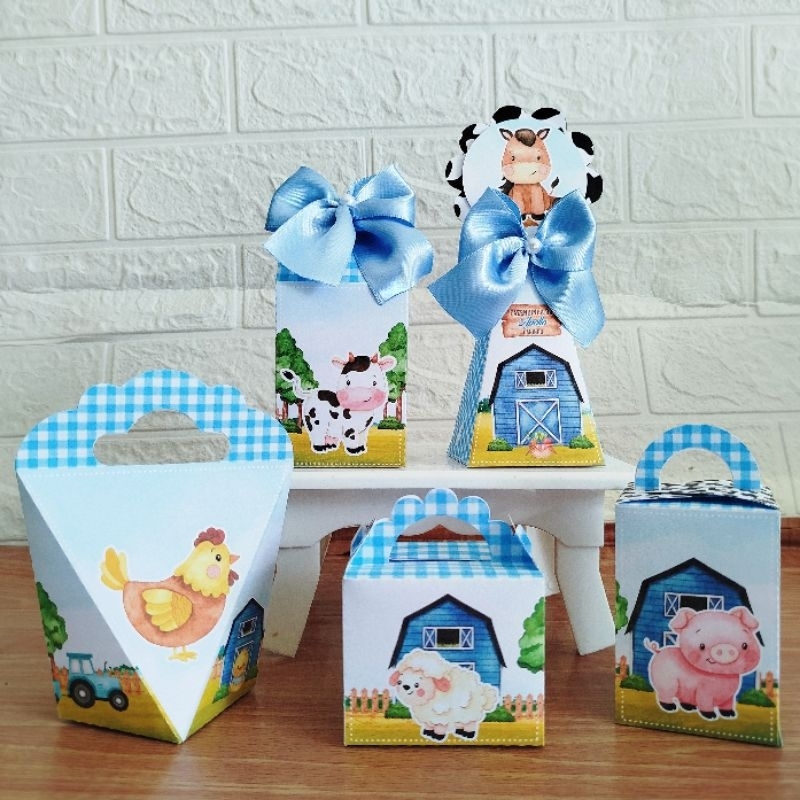 Kit Festa Caixinhas Personalizadas Lembrancinha Fazendinha Azul Aquarela Pegue e Monte