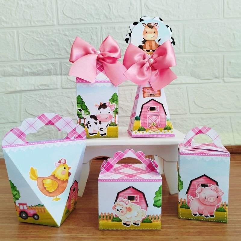 Kit Caixinhas Personalizadas Lembrancinha Fazendinha Rosa Menina Aquarela- Pegue e Monte