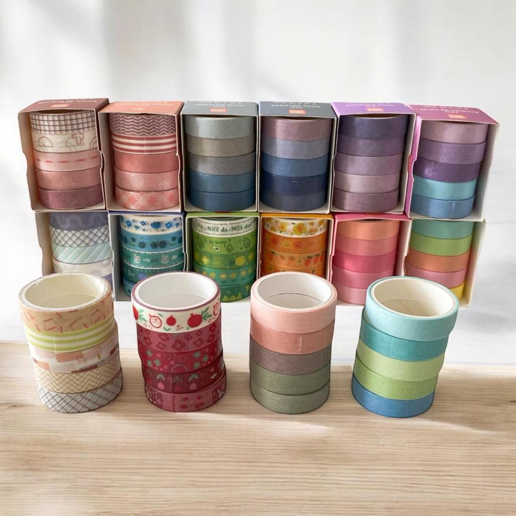 Kit Jogo Fita Washi  Decorativa de 10 mm x 2 m Fita Wash TOYKO DESIGN(JOGO COM  5 ROLOS)