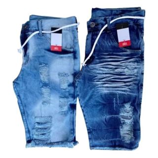 kit 2 Bermudas Shorts Jeans Tradicional Masculino Rasgado em Oferta na Shopee