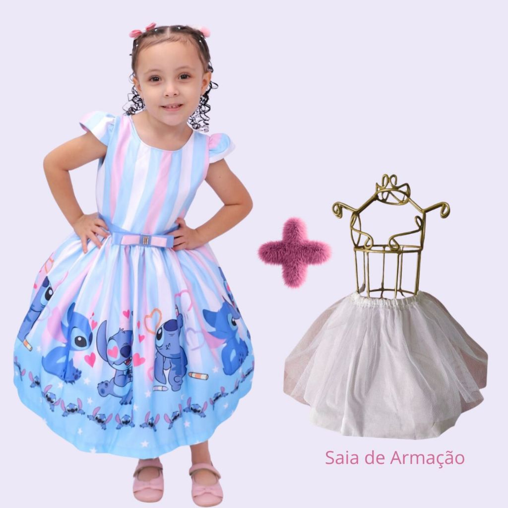 Kit Vestido Infantil mais Saia de Volume e Laço Costa Vários Desenhos Temáticos Divertidamente Lilo