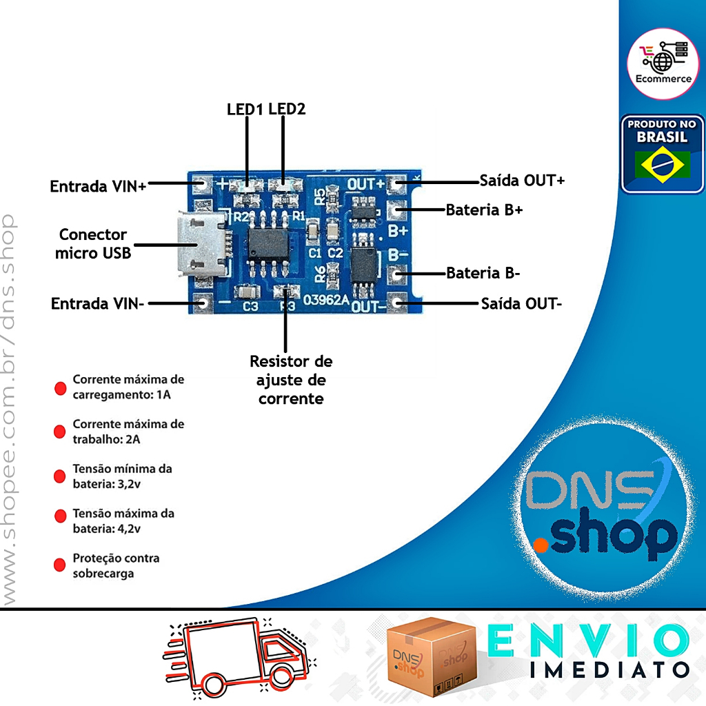 KIT TP4056 Módulo Carregador Type-C 5V com Proteção 5PÇS