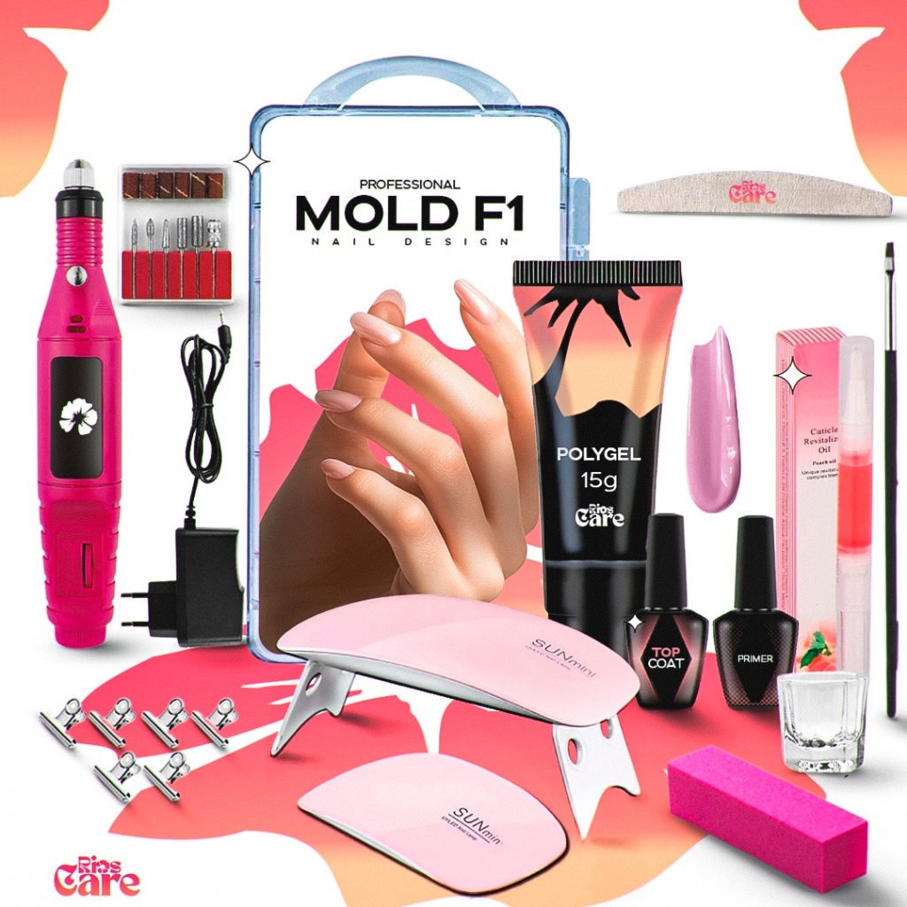 Kit polygel + Lixadeira elétrica de unha + Mini Cabine sun led/UV + Molde F1 + Lixa Bloco + Lixa OPI