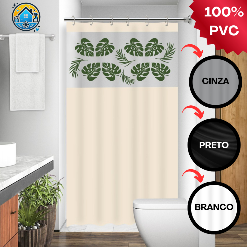 Cortina Box Banheiro Chuveiro c/ Visor c/ Ganchos Antimofo Impermeável Plástica PVC Costela de Adão