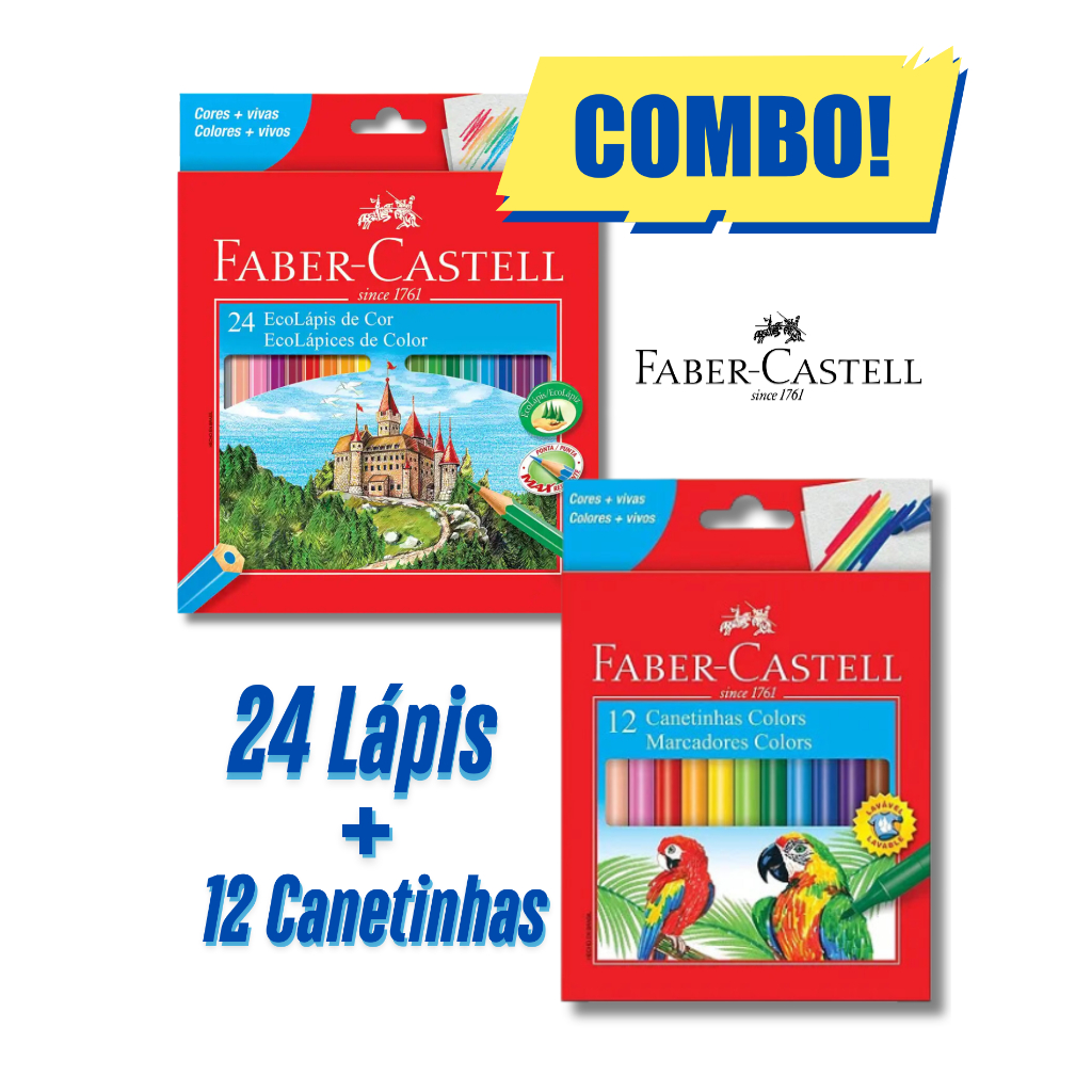 Kit Lápis Faber-Castell 24 Cores + Canetinhas Faber-Castell 12 Cores - Material Escolar Completo