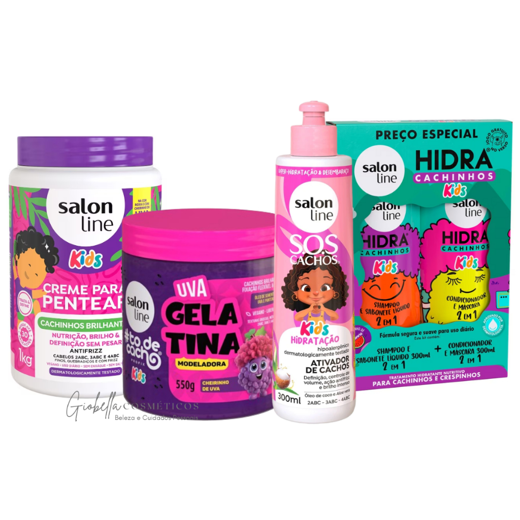 Kit SalonLine Infantil Hidra Cachinhos Kids + Ativador Cachos, Creme Para Pentear e Gelatina Modeladora