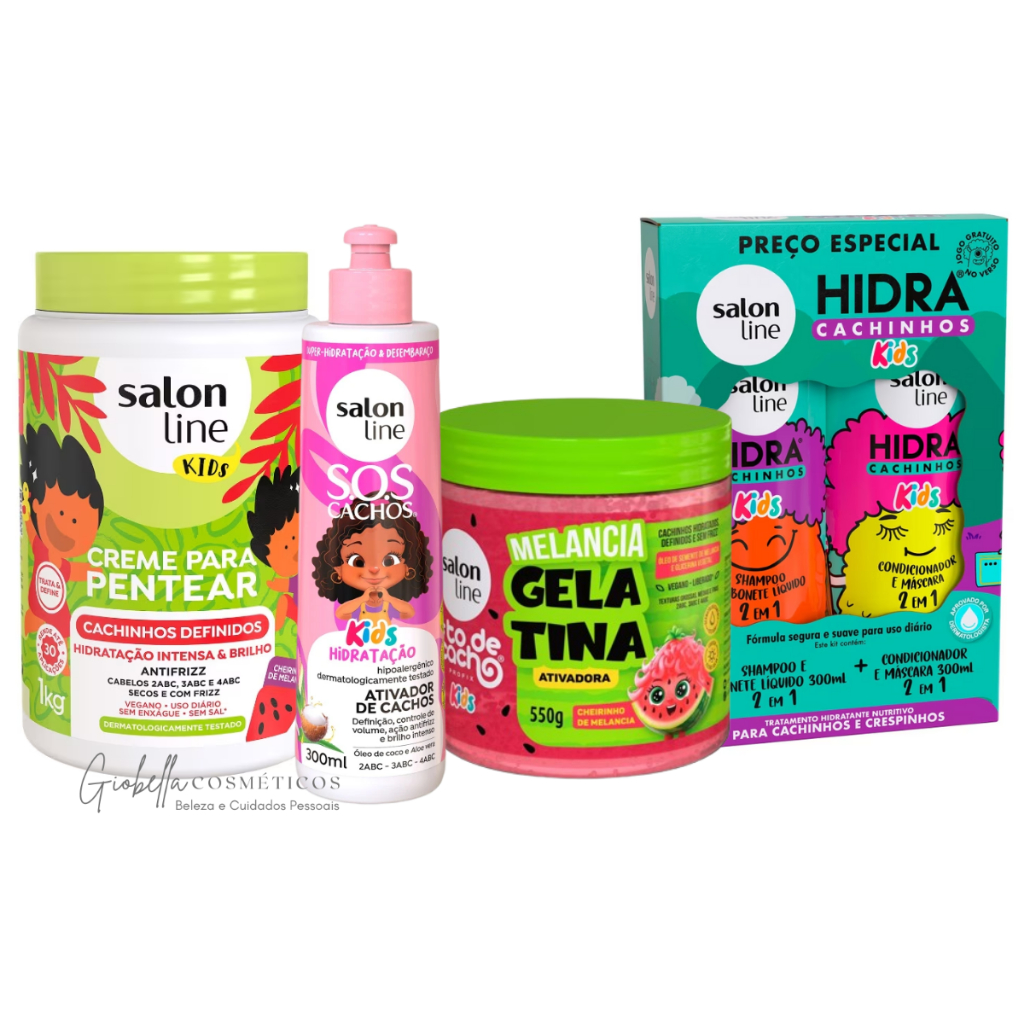 Kit SalonLine Infantil Hidra Cachinhos Kids + Ativador Cachos, Creme Para Pentear e Gelatina Ativadora de Cachos