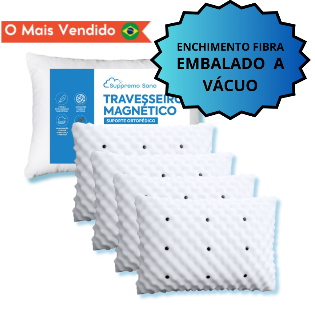 KIT 4 Travesseiro MAGNÉTICO ALTO Ortopédico de Fibra Siliconada Premium IMÃS Anti Ronco Terapêutico em Oferta na Shopee