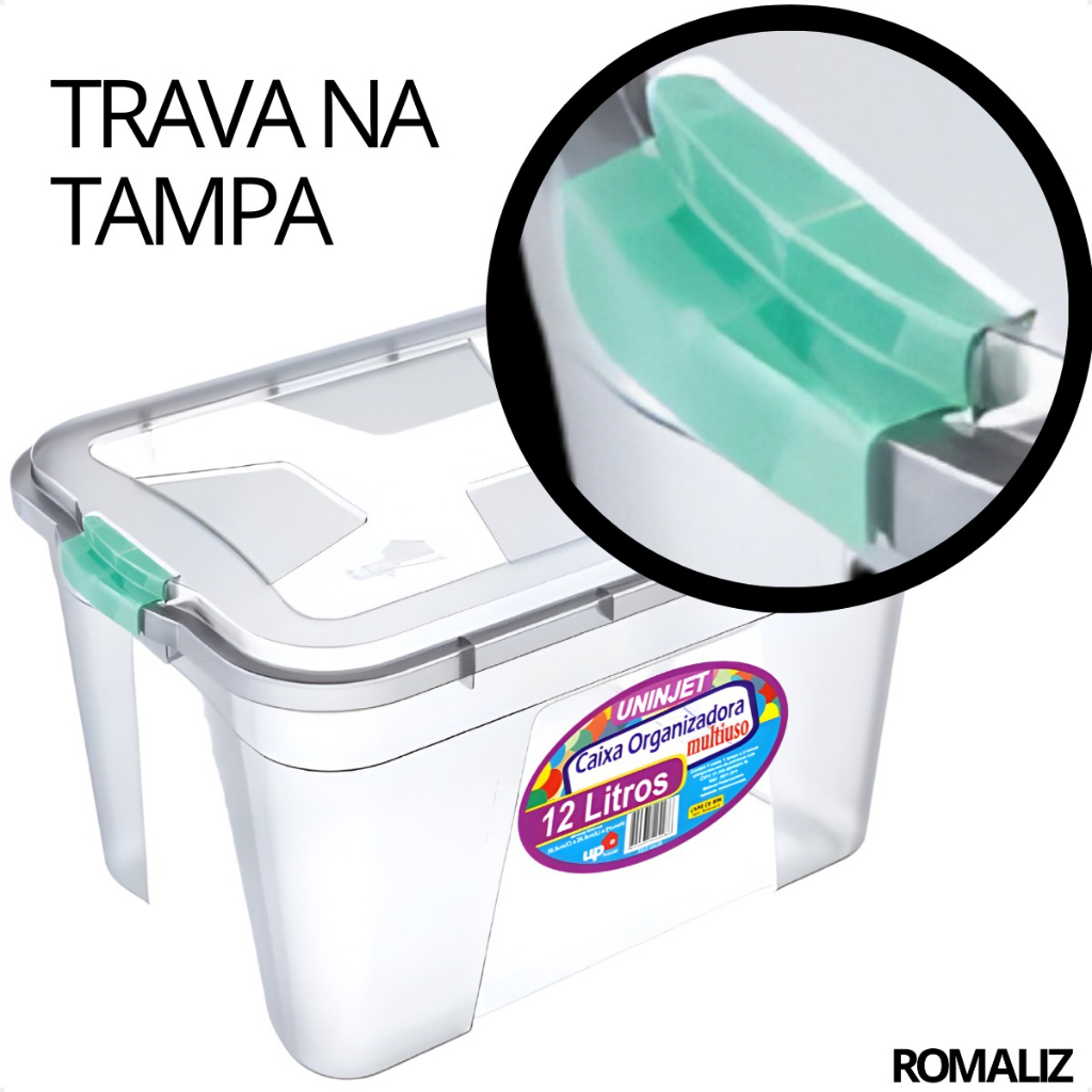 Caixa Organizadora Com Tampa Grande 56L Pequena 12L e 5L Transparente e Trava