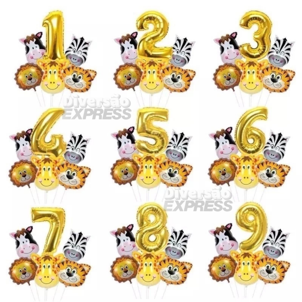 Kit de Bexigas Metalizadas de Animais Festa Decoração Mesversário Aniversário Safari Animais Fazenda