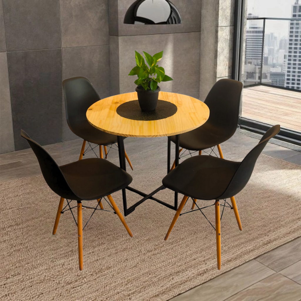 Mesa De Jantar Redonda Para 4 Lugares Cadeiras - Estilo Industrial De Ferro Com Tampo De Madeira Maciça Pinus Lar