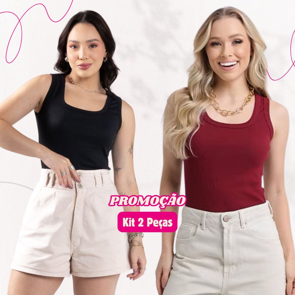 Kit 2 Regatas Femininas Decote Quadrado Elegante Ribana Canelada Blusinha Básica Verão Americana