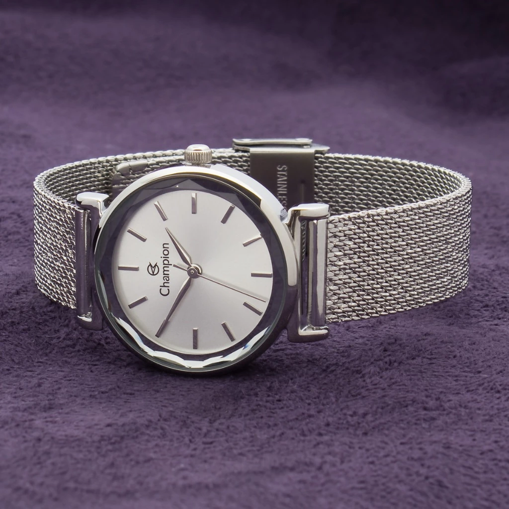 Relogio Feminino Prata Champion Minimalista Médio Pulseira Leve Original CF24662Q
