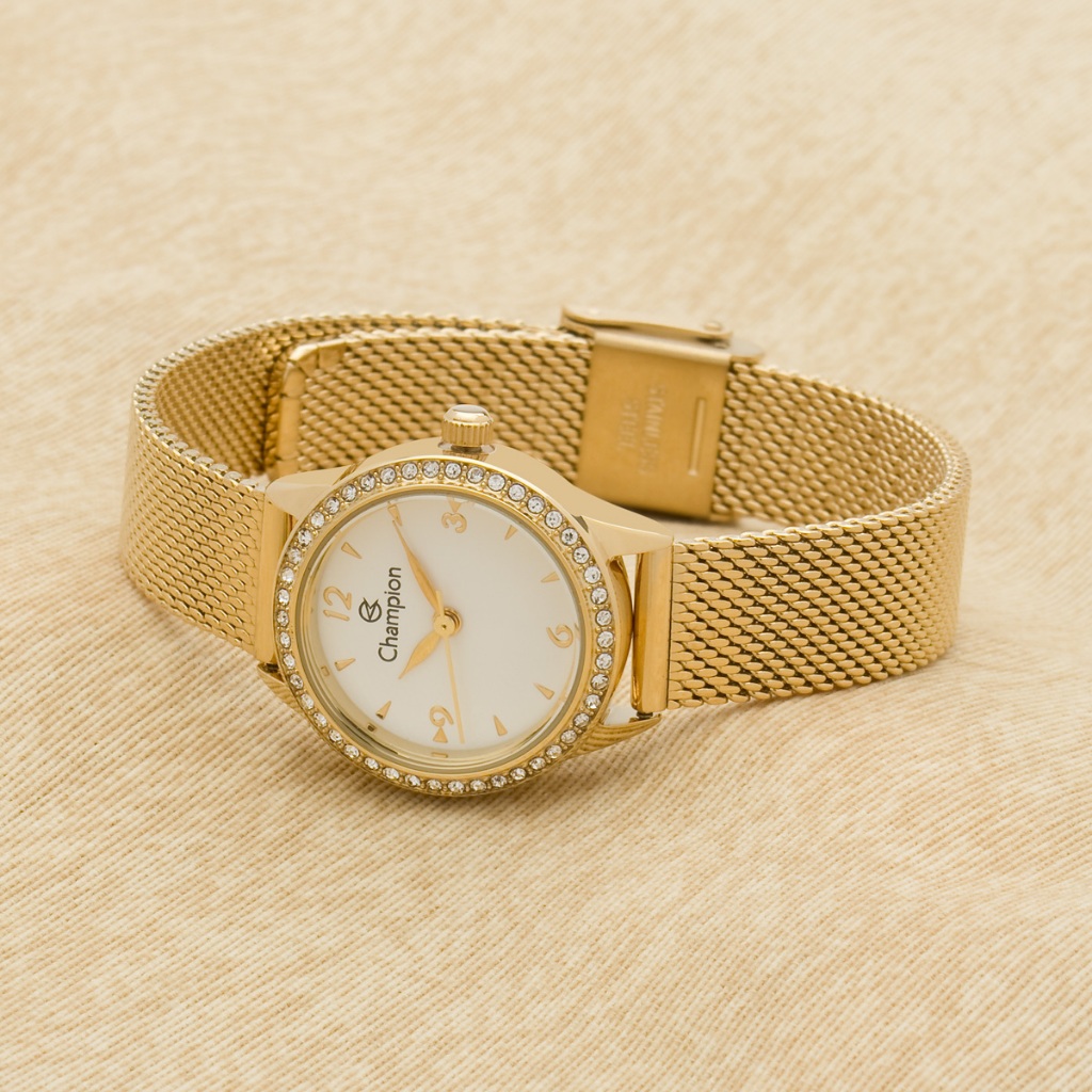 Relógio Pequeno Champion Dourado Fundo Branco Com Pedras Brilhantes Original CF24966H - Watches