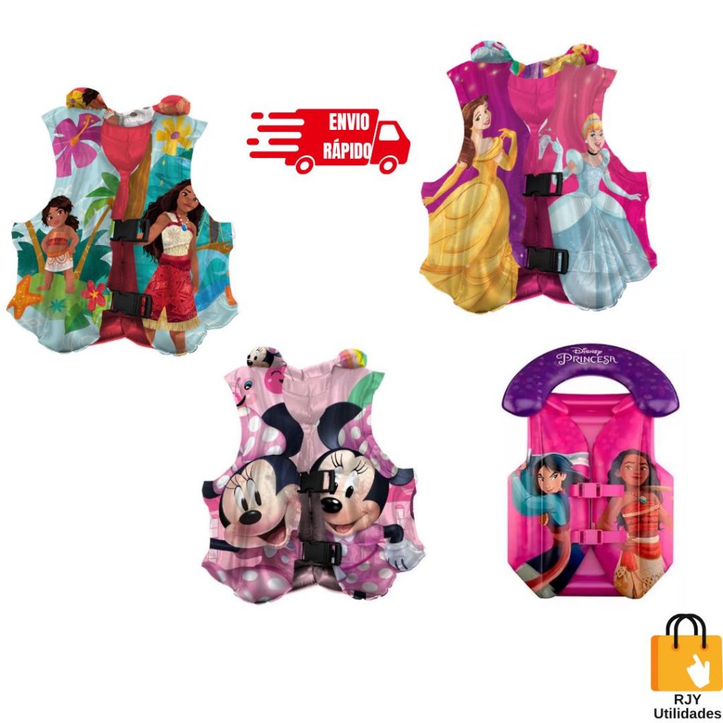 Colete Inflável Infantil Frozen Princesas Minnie Moana 2 Segurança Protecão Diversão Piscina Praia