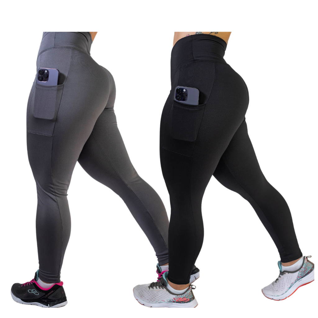Kit 2 Calças Legging C/ Bolso Cos Alto Fitness Grosso E Reforçada