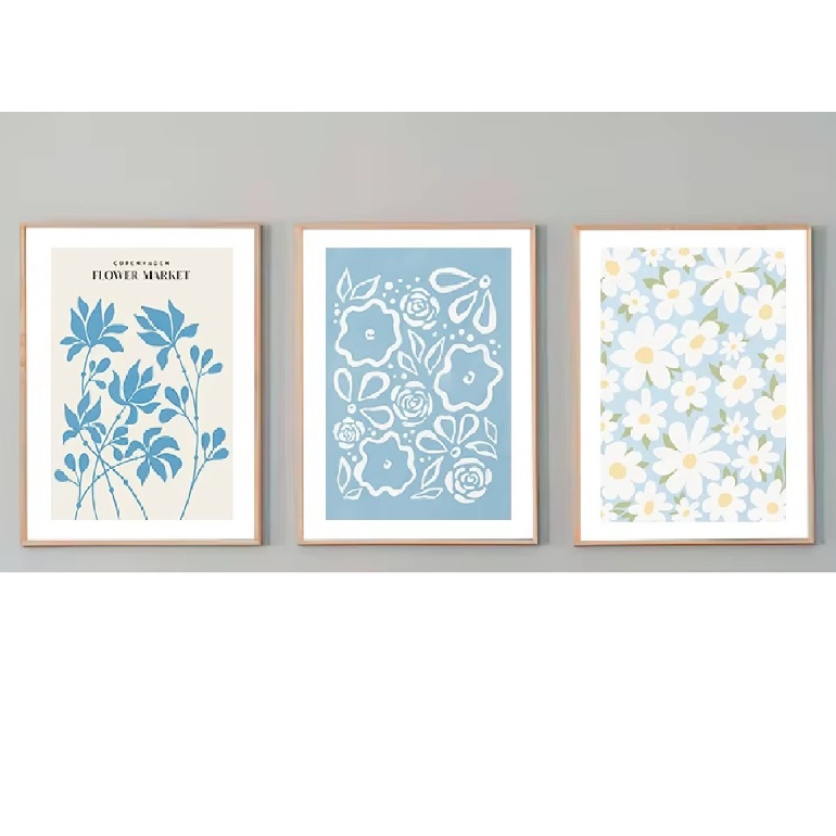 Quadros decorativos Flor azul mercado folha linha minimalismo arte (3 peças)