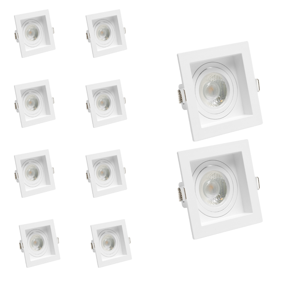 Kit 10 Spots Embutir Recuado Quadrado Dicroica Mr16 + 10 Lâmpadas LED Dicroica Inclusas