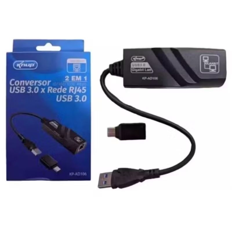 Conversor USB 3.0/Tipo C X Rede RJ45 Gigabit 10/100/1000 Mbps - KP-AD106 - KNUP