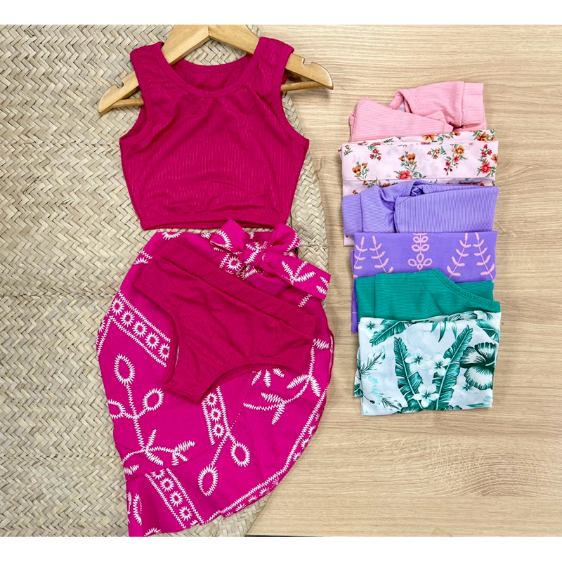 Kit 3 Peças Conjunto de Maiô Bikini e Saída de Praia Forrado para Meninas Infantil Pré-Adolescentes Estilosa Verão