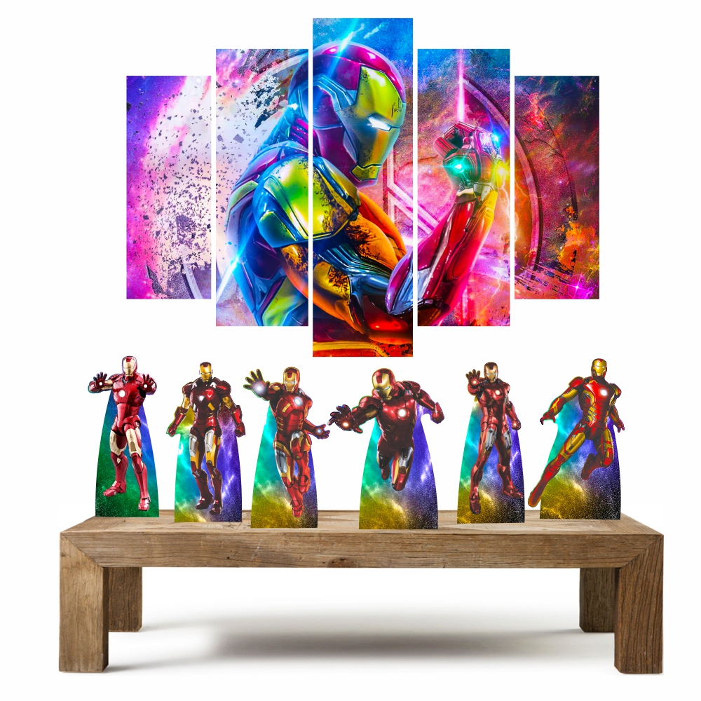 Homem de Ferro kit com 1 quadro mosaico + 6 totens de mesa em mdf decoração para festa