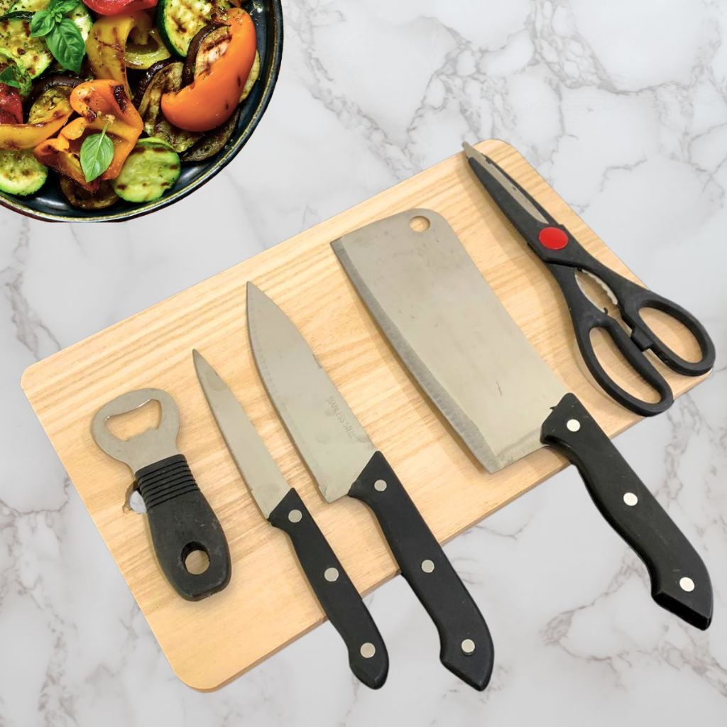 Tabua De Corte Madeira + Facas Cutelo Tesoura Abridor de Garrafa Utensilios Cozinha Tabua de Carne em Oferta na Shopee