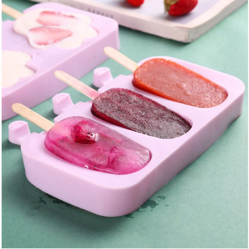 Forma Sorvete Silicone Para Picolé C/ 50 Palitos Com Tampa / Sobremesa 3 Cavidades Geladinho em Oferta na Shopee