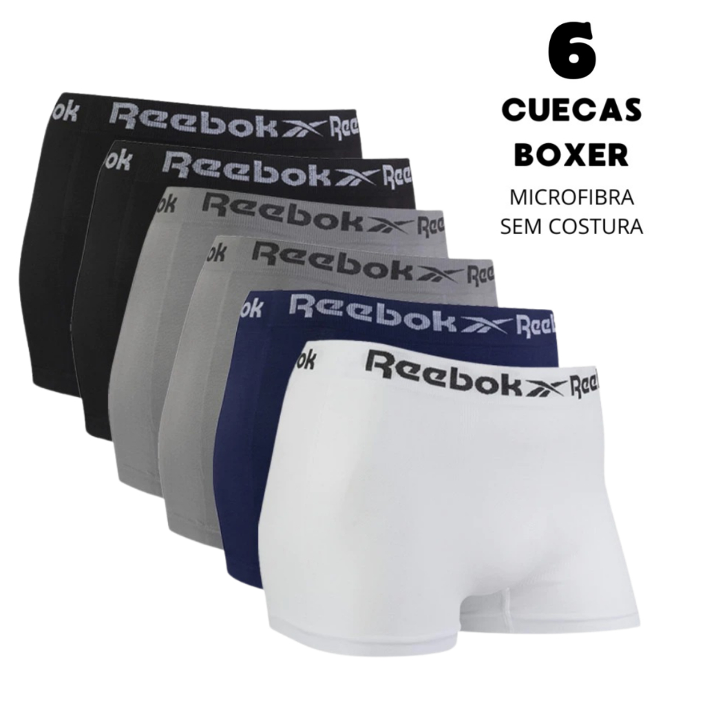 Kit 6 Cuecas Box Boxer Reebok Microfibra Lisa Sem Costura Premium