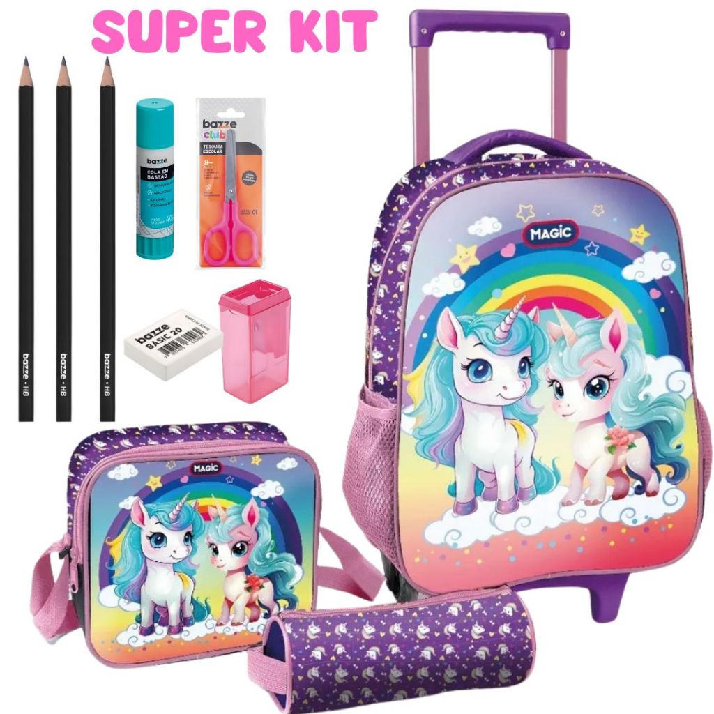 Kit Mochila Escolar Infantil de Rodinhas Menina Bolsa Resistente Impermeável Com Lancheira E Estojo + Kit Escolar