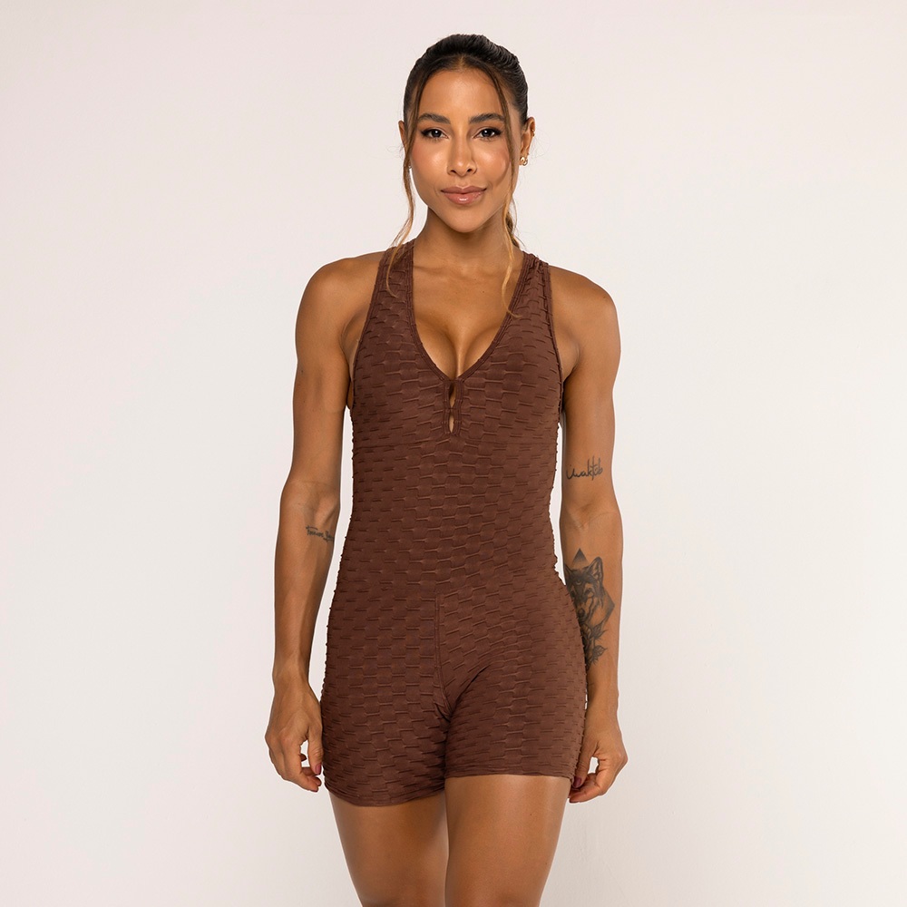 Macaquinho fitness em tecido bolha costa cruzada de academia - Women Clothes