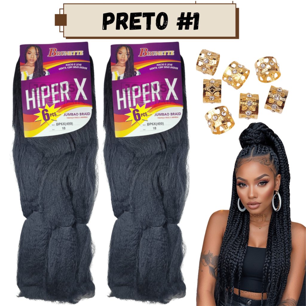 Kit 2 Pacotes Cabelos Jumbo Jumbão Box Braids Kanekalon  400 Gramas Fibra Premium + Anéis