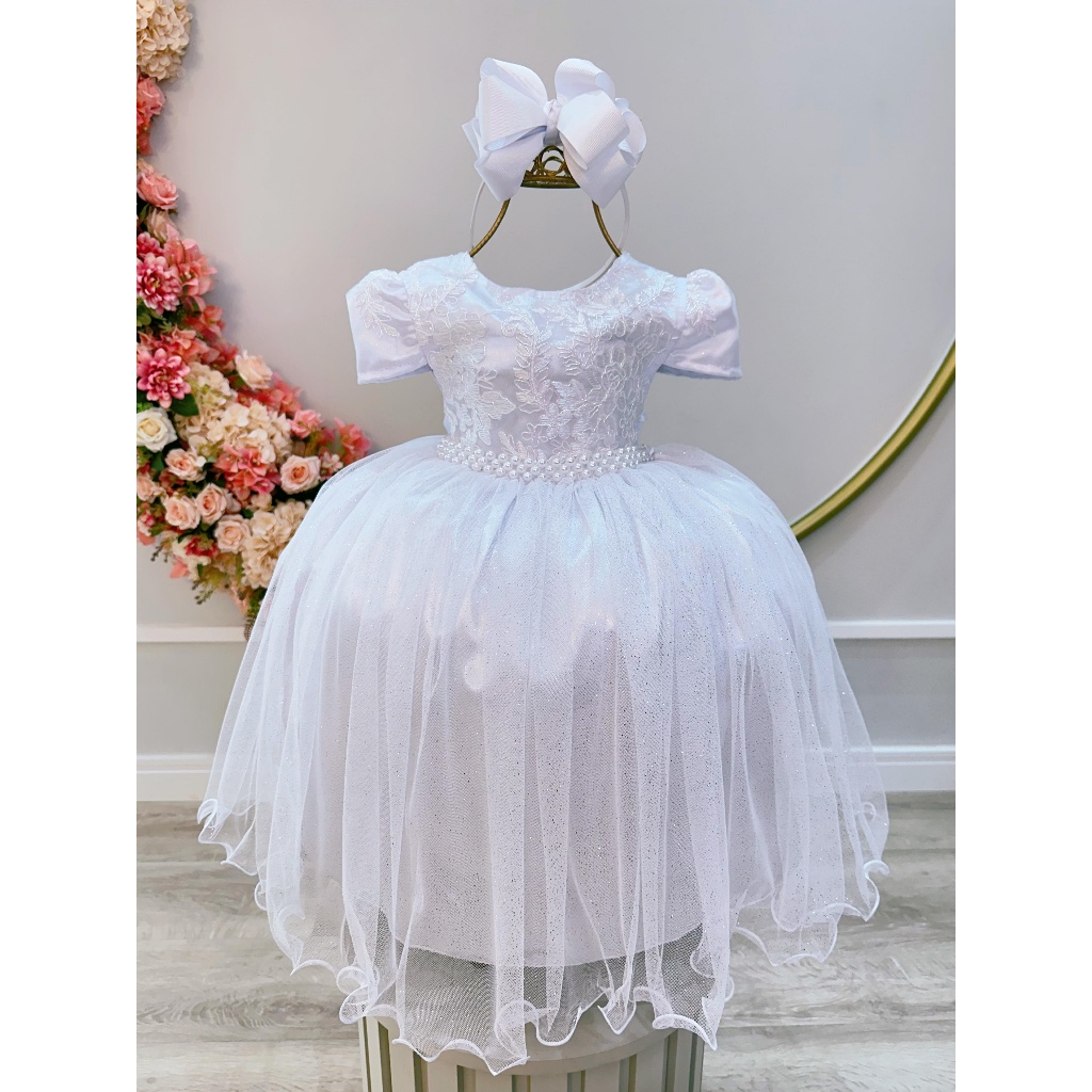 Vestido Infantil Branco Batizado Festa Casamento Dama Daminha Florista Formatura Noivinha Princesa Luxo Pérolas