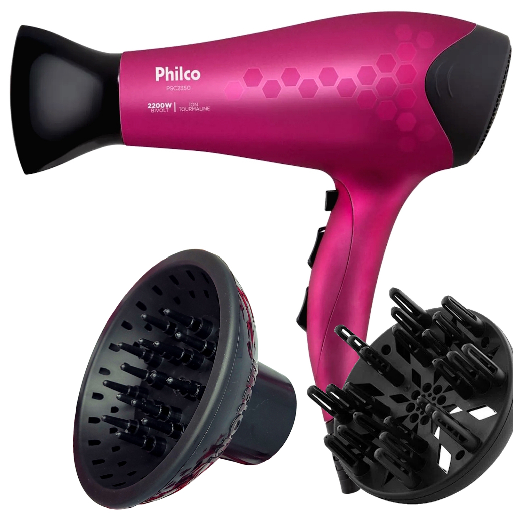 Secador De Cabelo Philco Profissional 2200w Ions Quente Frio Stilo Bivolt Com 2 Difusores De Cachos