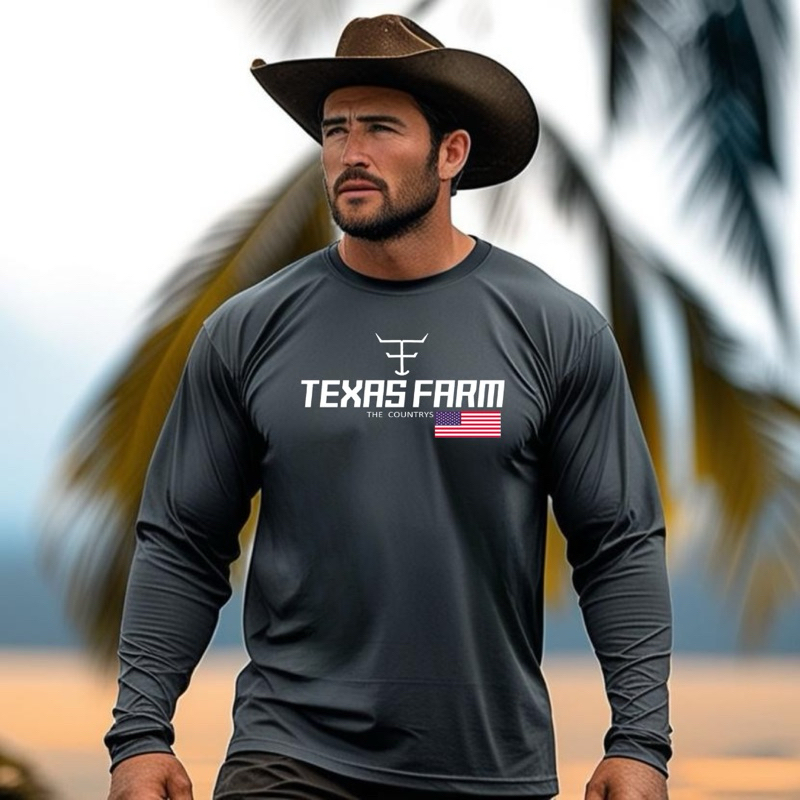 Camisa Texas Farm UV Proteção Manga Longa Country Masculina Bandeirinha Algodão Estilo Western