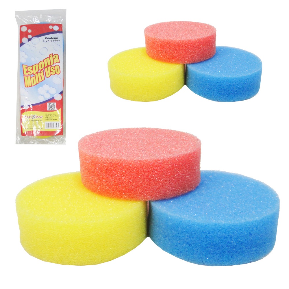 ESPONJA MULTIUSO BUCHA DE ESPUMA PARA BANHO REDONDA COM 3 PEÇAS