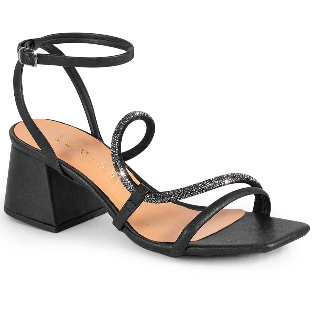 Sandália Feminina Lumiss Salto Bloco Tiras Strass Brilho Preto em Oferta na Shopee