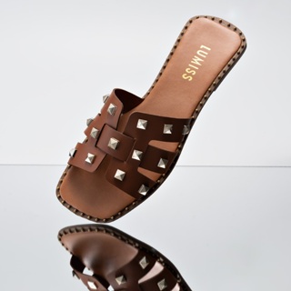 Sandália Rasteira Feminina Lumiss Confortável Blogueira Bico Quadrado Tachas Spike Pirâmide Caramelo em Oferta na Shopee