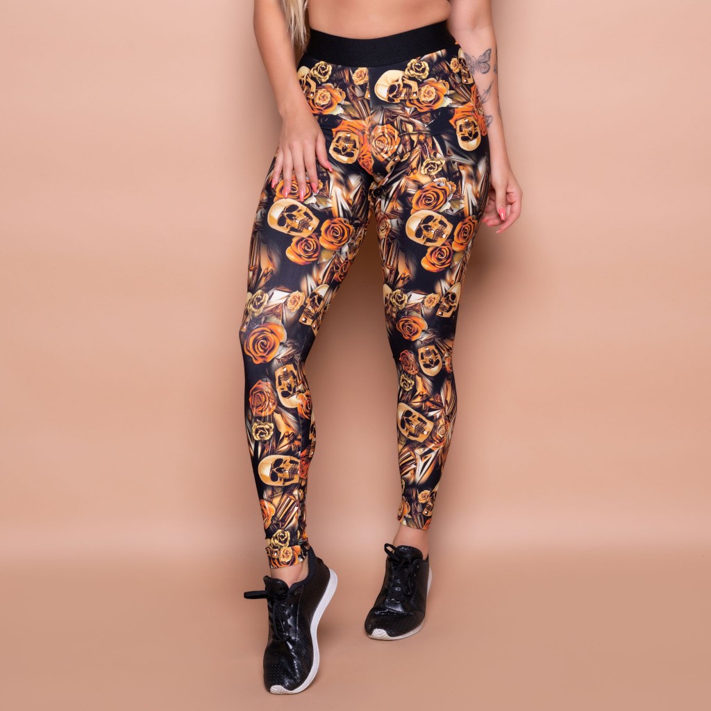 Calça Legging para Academia Treinos Poliamida Golden Skulls Calça Estampado de Caveira Esportivo