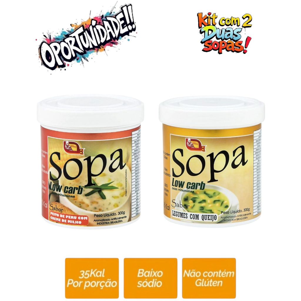 Sopa low carb Mosteiro dévakan (kit com 2 duas unidades) sabores: Legumes com queijo e peito de peru com creme de milho.