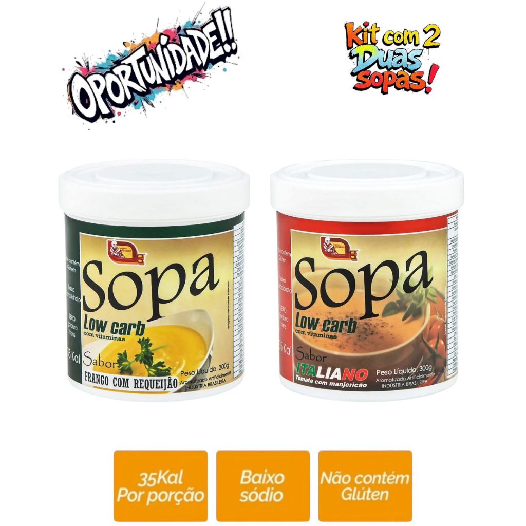 Sopa para dieta baixo carboidrato Mosteiro dévakan (kit com 2 duas unidades) sabores: Frango com requeijao e italiano.