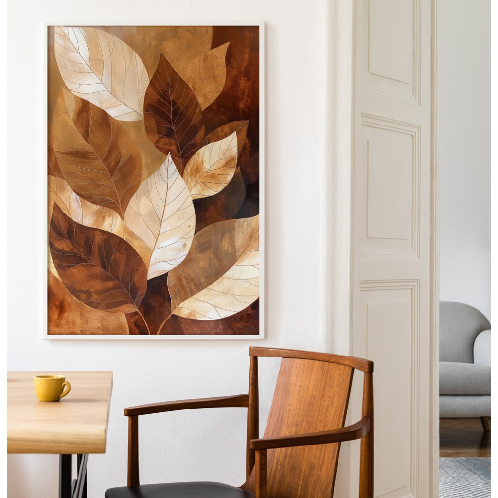 Quadro Abstrato Quadro Folhagem Com Moldura Vidro Quadro Decorativo Sala Grande Folhas Tons Neutros