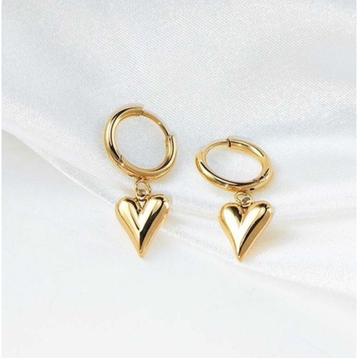 Brinco De Argola Pingente de Coração Banhado Ouro 18K Dourado Estilo Moderno Elegante