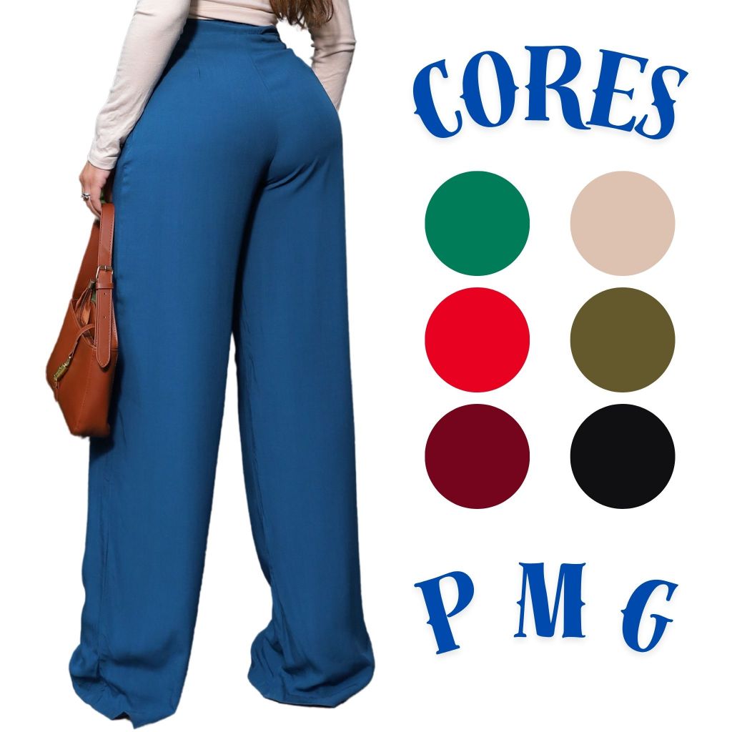 Calça Pantalona Feminina Social Cintura Alta Viscolinho Forrada Elegante Trabalho Casual P M G em Oferta na Shopee