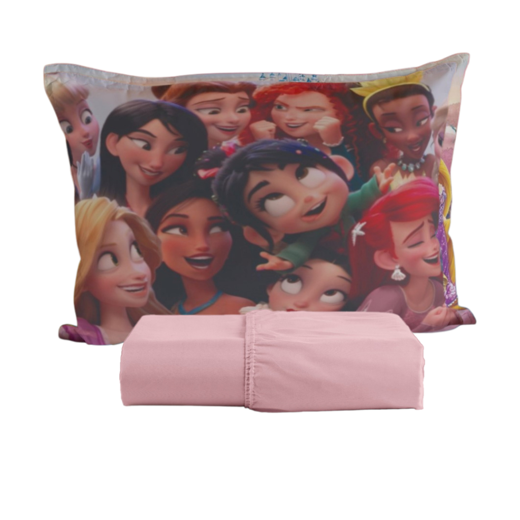Jogo de Lençol Princesas Disney Infantil Solteiro com Elastico Fronha Sublimada c Ziper Micropercal