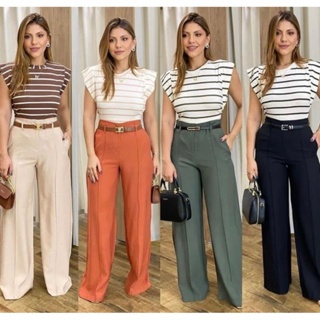 Kit 2 Calças Pantalona Alfaiataria Premium Social Feminino ZARA Com Cinto em Oferta na Shopee