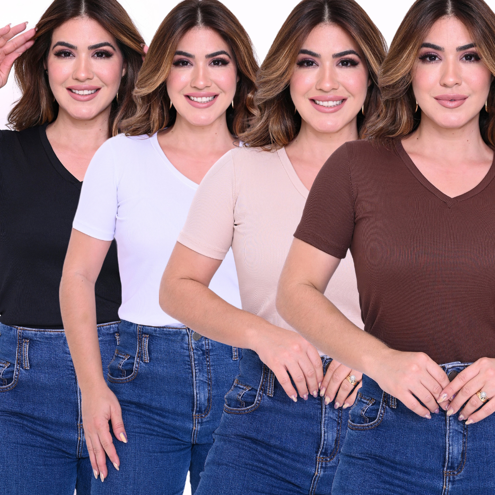 KIT 4 BLUSAS CANELADAS GOLA V MANGA CURTA PROMOCIONAL T-SHIRT