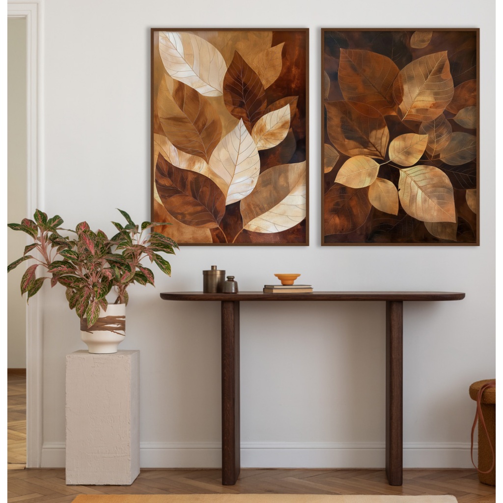 Quadros Decorativos Sala Quarto Duo Com Moldura Natureza Pintura Floral Folhas De Outono Douradas