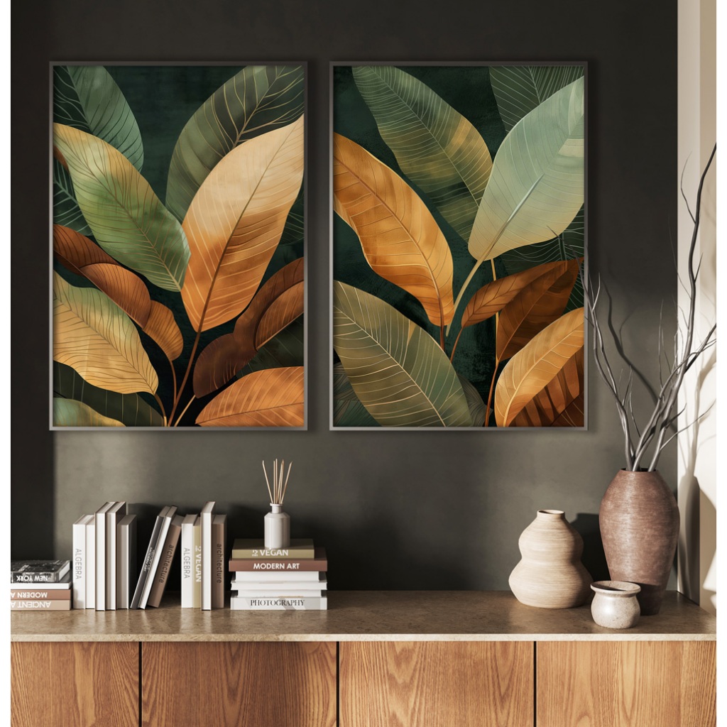 Quadros Decorativos com Moldura Sala Quarto Duo Natureza Pintura Floral O Encanto das Folh...