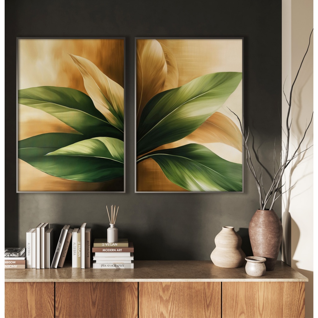 Quadro Natureza Decorativo Com Moldura E Vidro Quadro Folhagem Sala Quarto Escritório Duo Dourado